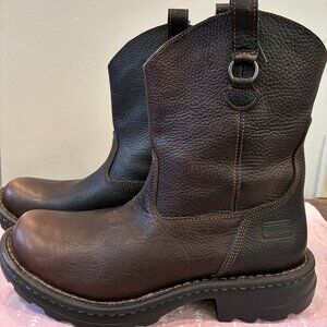 Brown leather mid-calf rancher boots.